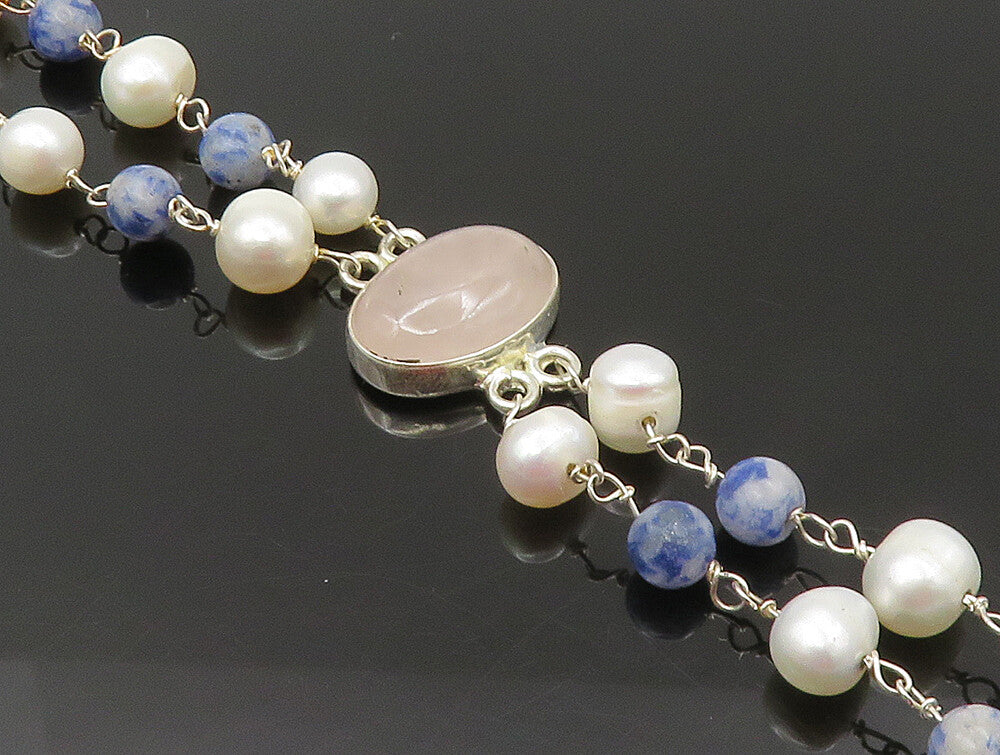 925 Sterling Silver  Rose Quartz & Freshwater Pearls Chain Bracelet  BT1165