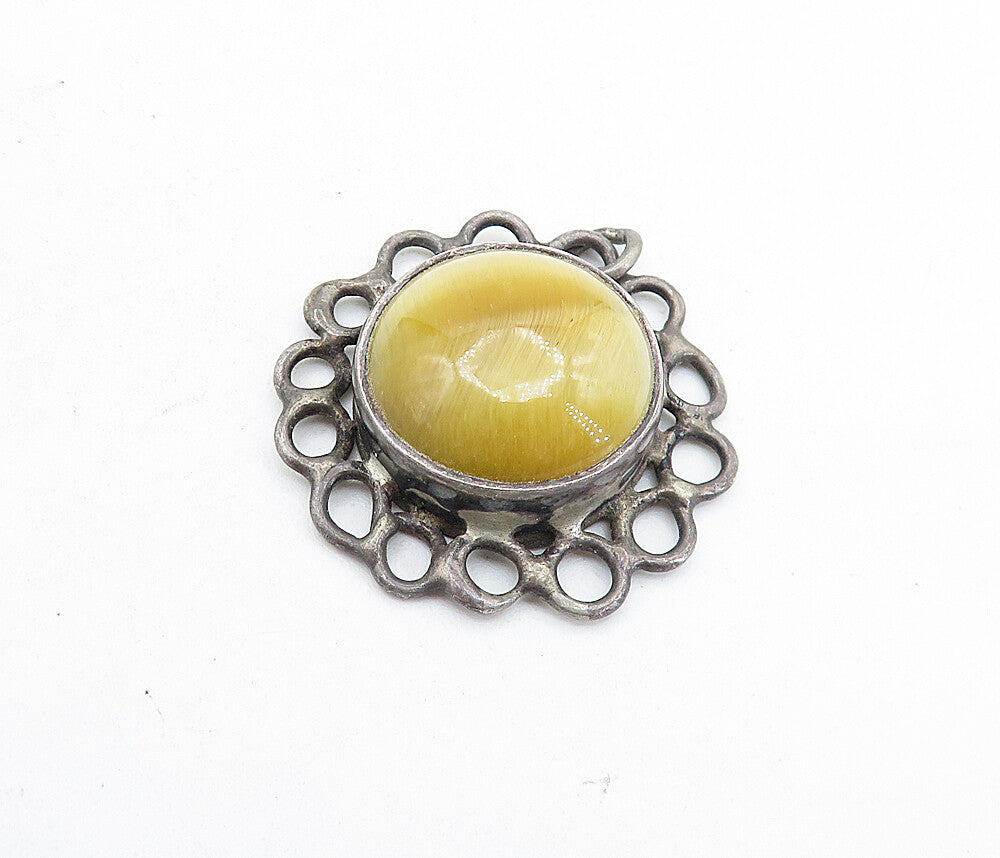 925 Sterling Silver  Vintage Cabochon Cut Tiger's Eye Floral Pendant  PT4722