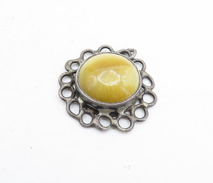 925 Sterling Silver  Vintage Cabochon Cut Tiger's Eye Floral Pendant  PT4722