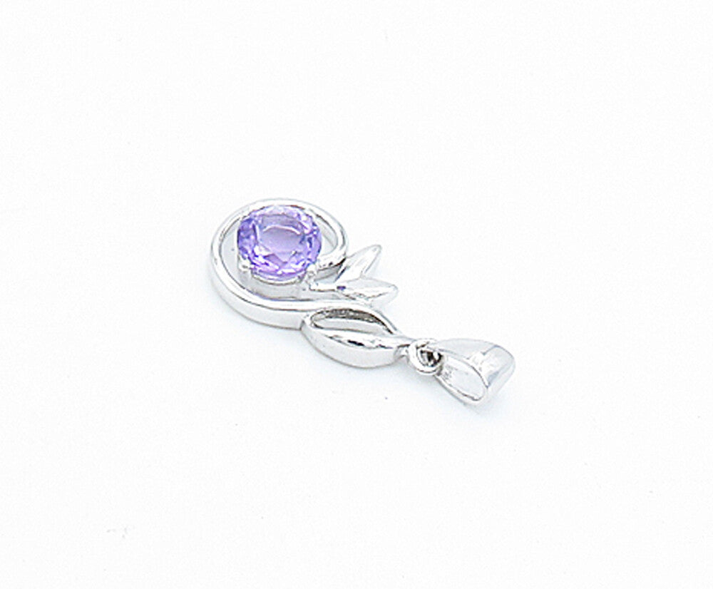 925 Sterling Silver  Amethyst Shiny Petite Floral Leaf Design Pendant  PT2766