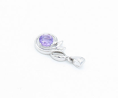 925 Sterling Silver  Amethyst Shiny Petite Floral Leaf Design Pendant  PT2766