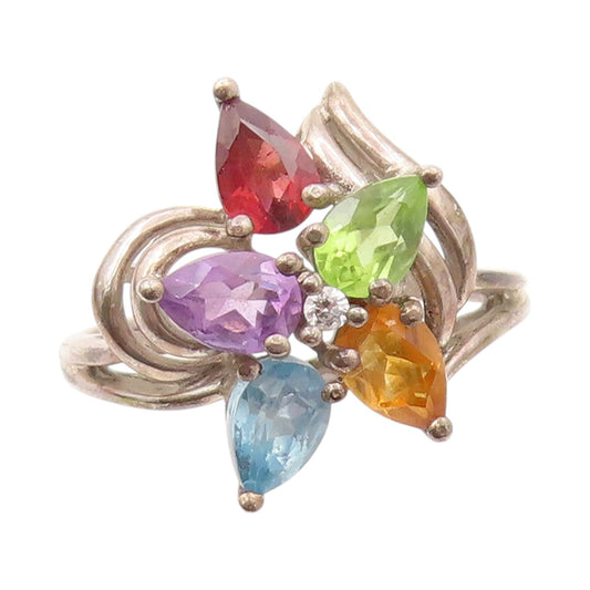 925 Sterling Silver Vintage Ring Multi Color Drop Cut Topaz Flower SZ 8  RG31981