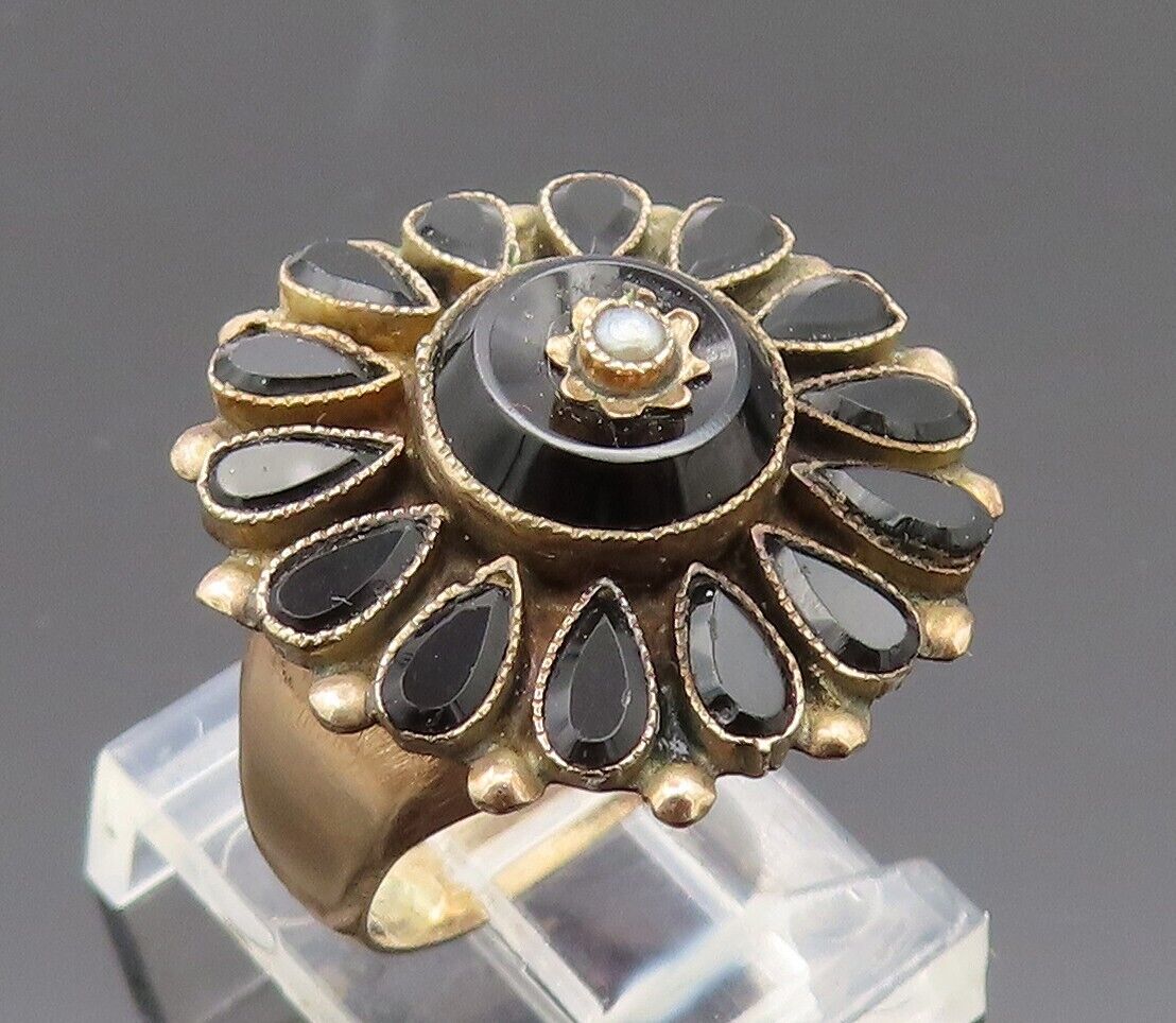 10K GOLD  Vintage Antique Black Onyx & Pearl Floral Band Ring Sz 6  GR145