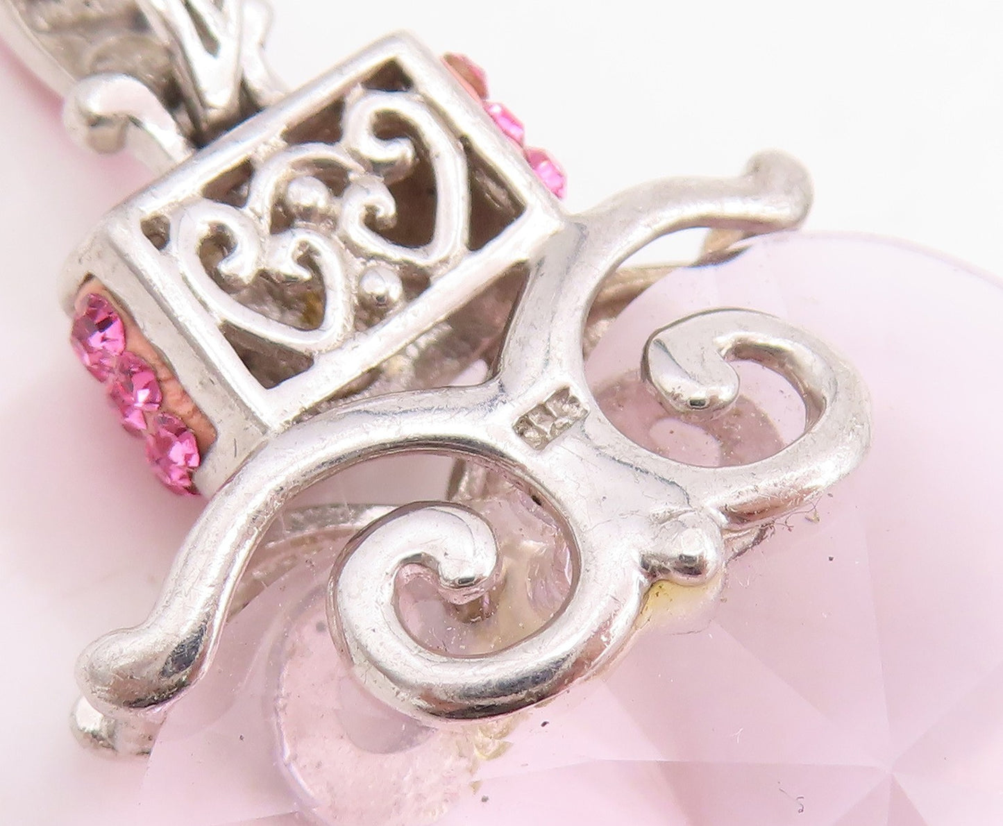 925 Sterling Silver Vintage Pendant Pink Topaz Love Heart Glass Crystal  PT25444