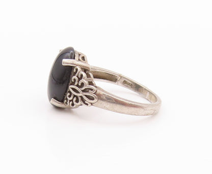 925 Sterling Silver Vintage Ring Floral Carved Cabochon Gemstone  SZ 8  RG32238
