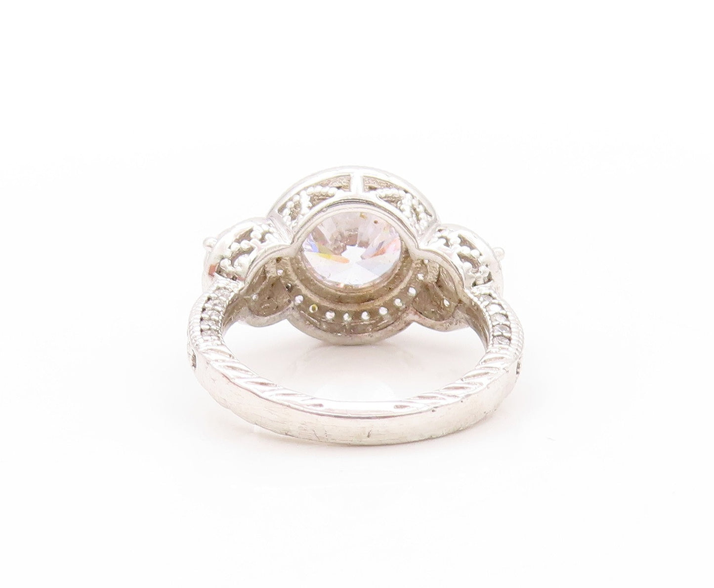 925 Sterling Silver Vintage Ring Three Round Stone Halo CZ Inlay  Sz 4.5 RG32723