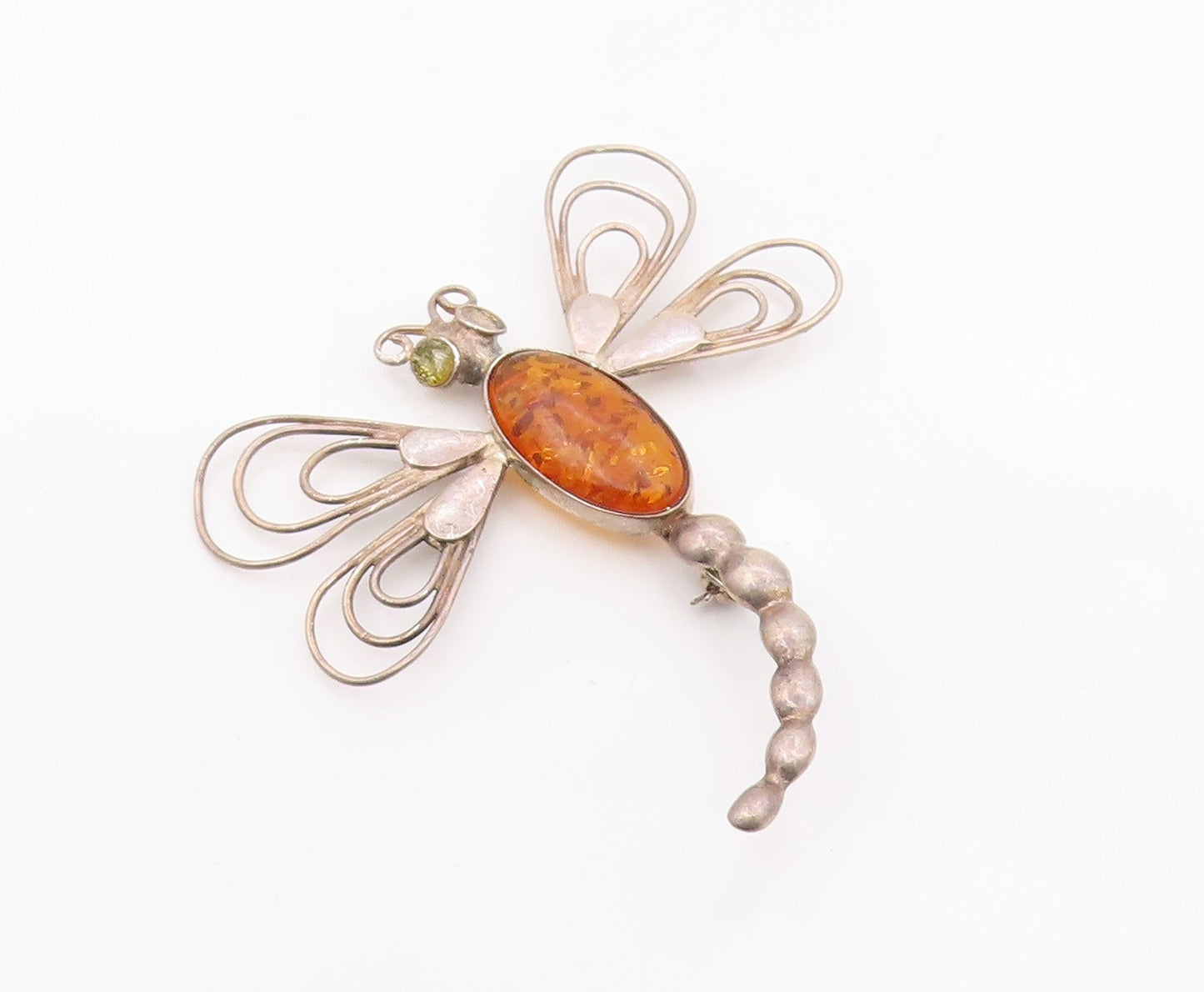 925 Sterling Silver Vintage Brooch Pin Cabochon Amber Winged Dragonfly  BP12579