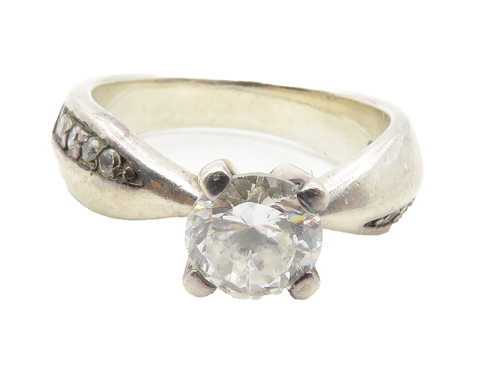 925 Sterling Silver  Vintage Cubic Zirconia Solitaire Accent Ring Sz 9 RG11698
