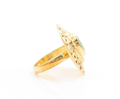 925 Sterling Silver Vintage Ring Gold Plated Oval Green Gemstone  Sz 10  RG30098
