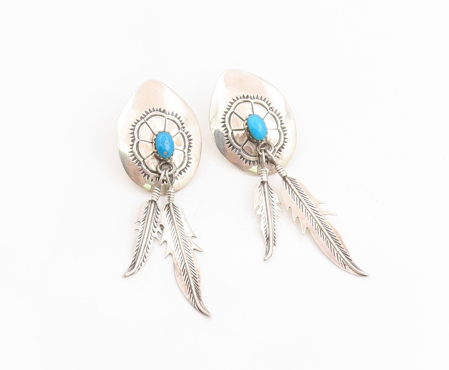 925 Sterling Silver Vintage Earrings NAVAJO Turquoise Feather Dangles  EG13726