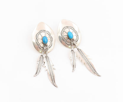 925 Sterling Silver Vintage Earrings NAVAJO Turquoise Feather Dangles  EG13726