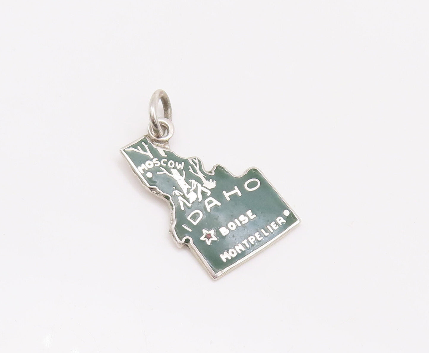 925 Sterling Silver Vintage Pendant Green Enameled mini Idaho Carved Map PT22695