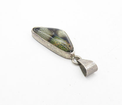 925 Sterling Silver  Vintage Glitter Glass Art Dark Tone Drop Pendant  PT6247