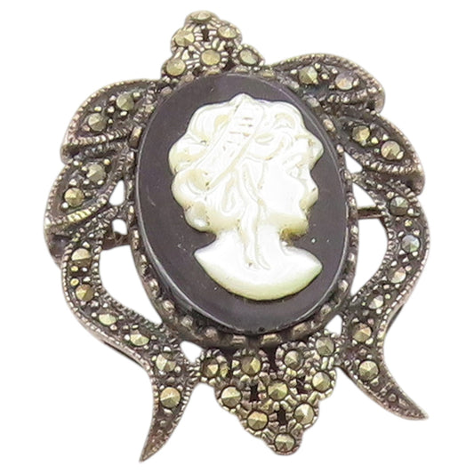 925 Sterling Silver Vintage Brooch Pin Classic Onyx & Marcasite Cameo  BP12629