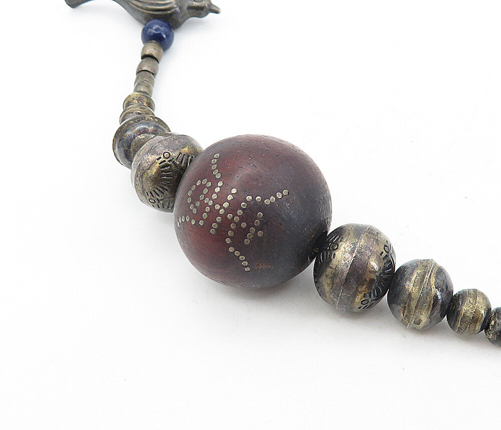 925 Sterling Silver Vintage Sodalite Bird Beaded Chain Necklace NE1421