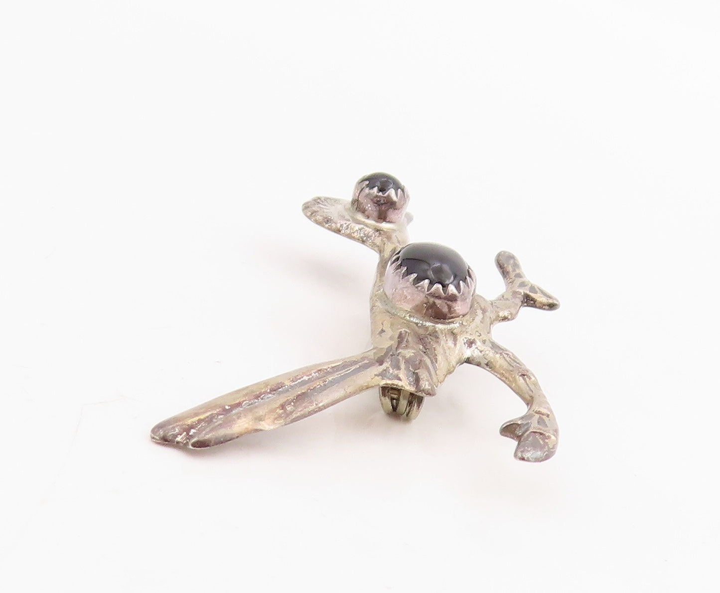 925 Sterling Silver Vintage Brooch Pin NAVAJO Cabochon Onyx Roadrunner  BP12292