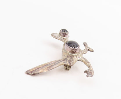 925 Sterling Silver Vintage Brooch Pin NAVAJO Cabochon Onyx Roadrunner  BP12292
