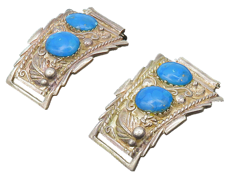 NAVAJO 925 Sterling Silver  Vintage Turquoise Floral Swirl Watch Clips  TR2718
