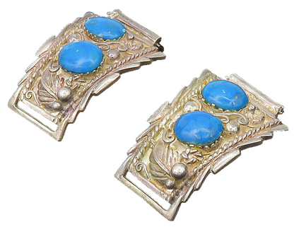 NAVAJO 925 Sterling Silver  Vintage Turquoise Floral Swirl Watch Clips  TR2718