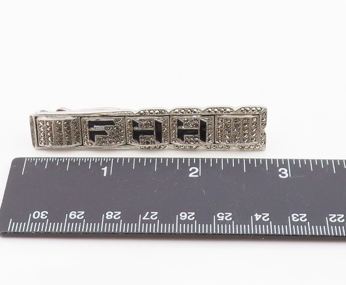 925 Sterling Silver  Vintage Enamel FHH Initials Sparkling Tie Clip  TR2184