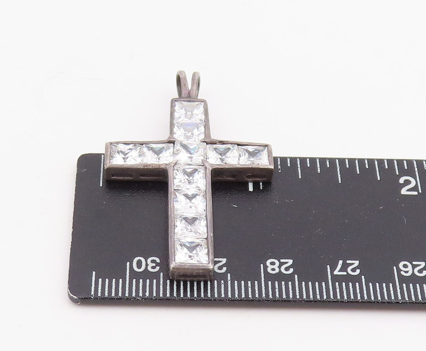 925 Sterling Silver Vintage Pendant CZ Geometric Square Religious Cross  PT25868