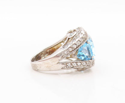 925 Sterling Silver Vintage Ring Multi Cut Blue & White Topaz  Sz 7.5  RG30214