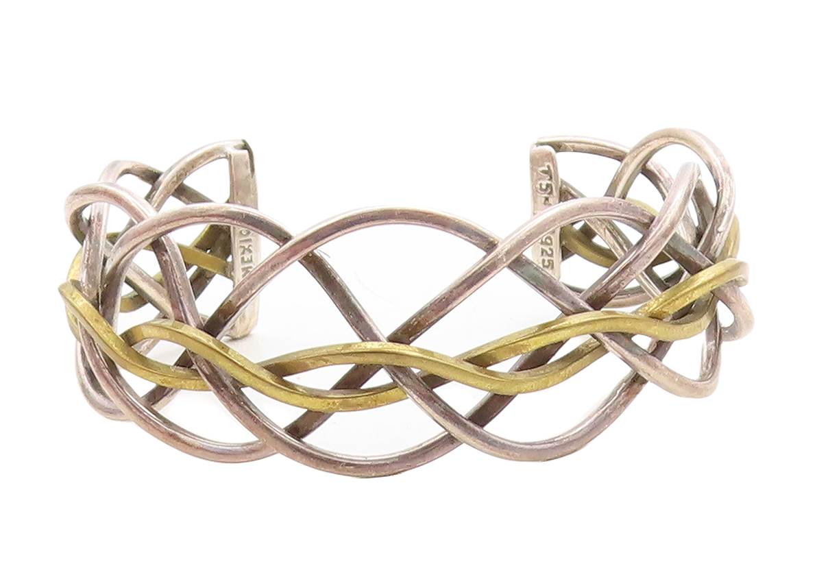 MEXICO 925 Sterling Silver  Vintage 2 Tone Weaved Design Cuff Bracelet  BT1955