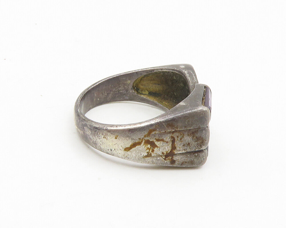 925 Sterling Silver  Vintage Amethyst & Topaz Heart Band Ring Sz 6  RG18694