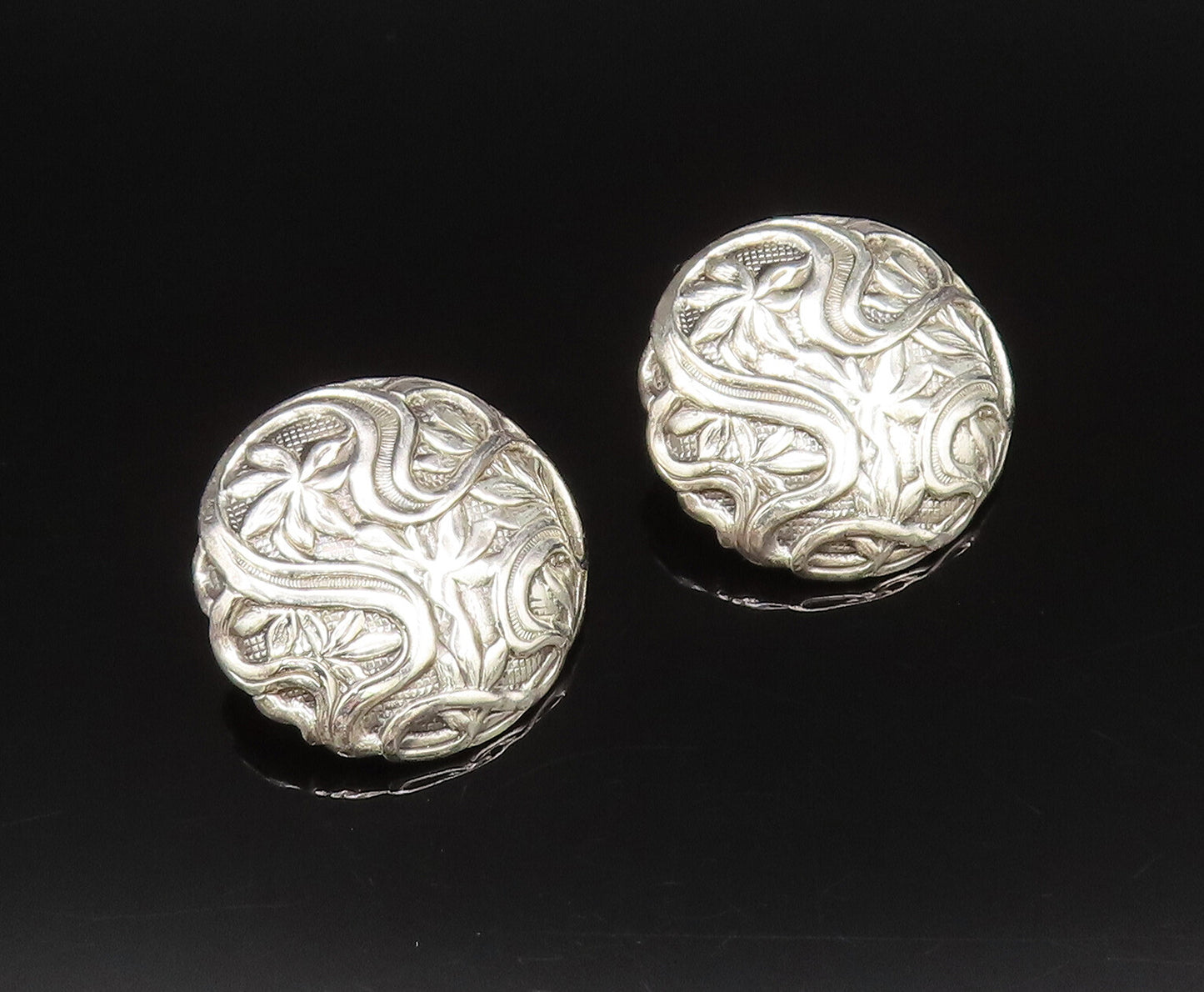 925 Sterling Silver  Vintage Floral Vine Round Dome Earrings  EG12259