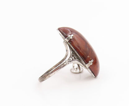 925 Sterling Silver Vintage Ring Modernist Cabochon Wooden Dome  Sz 8.5  RG35572
