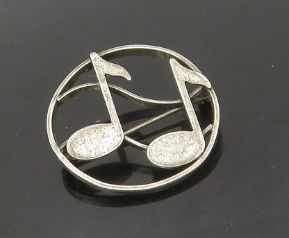 BEAU 925 Sterling Silver   Vintage Music Notes Round Smooth Brooch Pin  BP6616