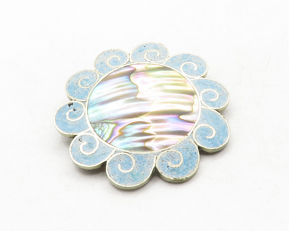 MEXICO 925 Silver  Vintage Abalone & Turquoise Swirl Flower Brooch Pin  BP4839