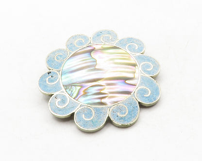 MEXICO 925 Silver  Vintage Abalone & Turquoise Swirl Flower Brooch Pin  BP4839