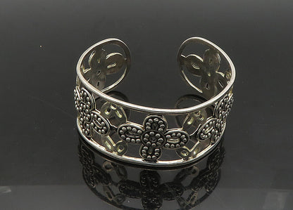 925 Sterling Silver  Vintage Shiny Retro Flower Motif Cuff Bracelet  BT8029