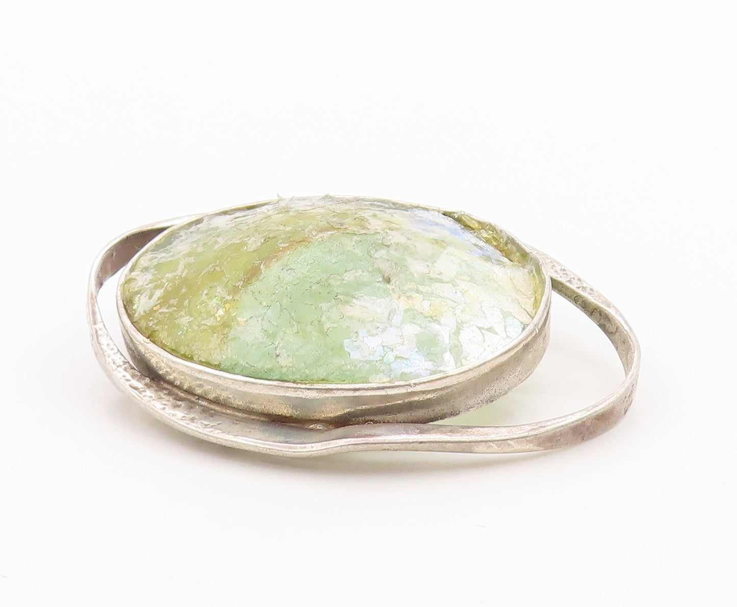 925 Sterling Silver Vintage Pendant Modernist Large Oval Roman Glass  PT24707