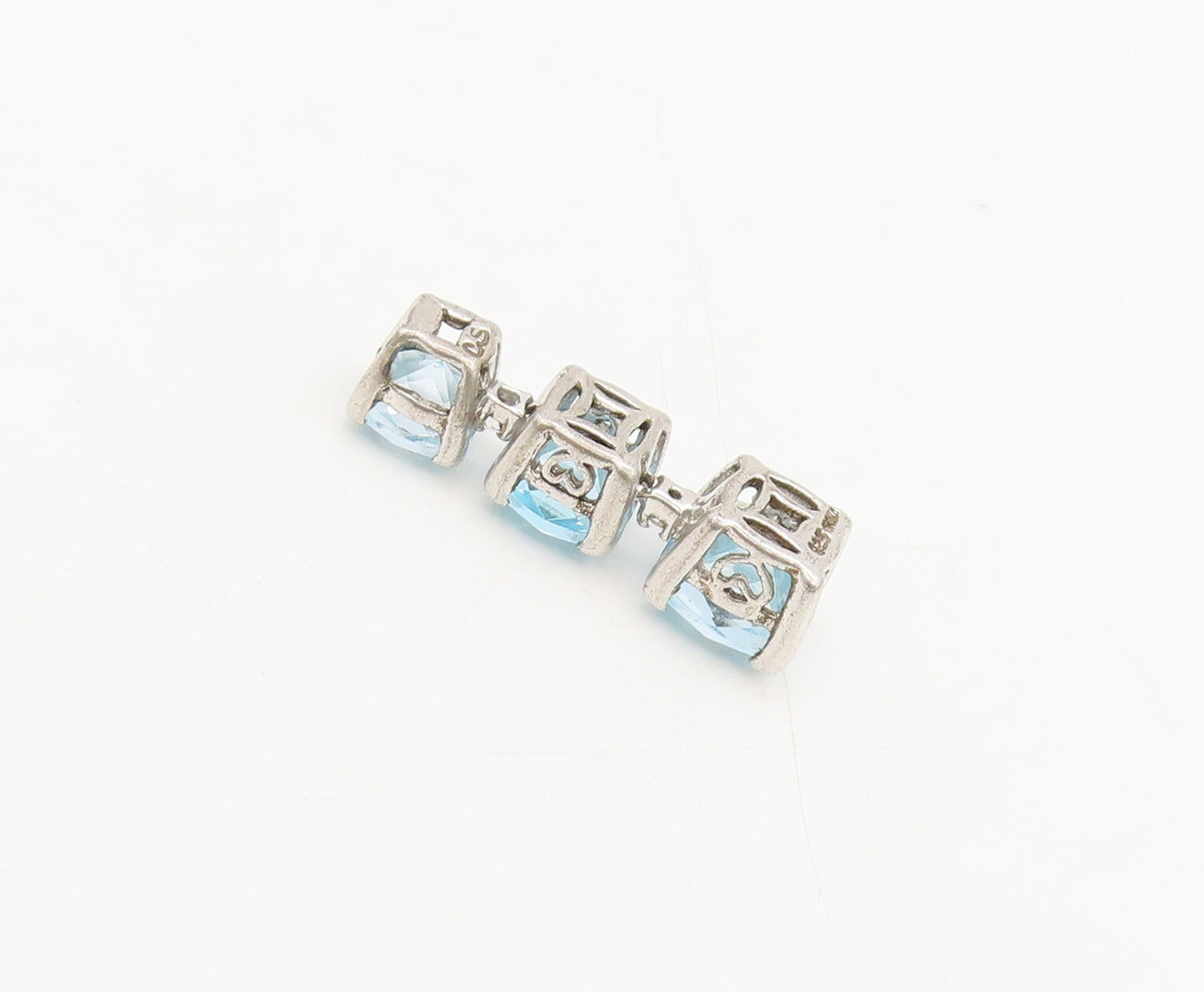 925 Sterling Silver  Vintage 3 Linked Faceted Blue Topaz Drop Pendant  PT22311