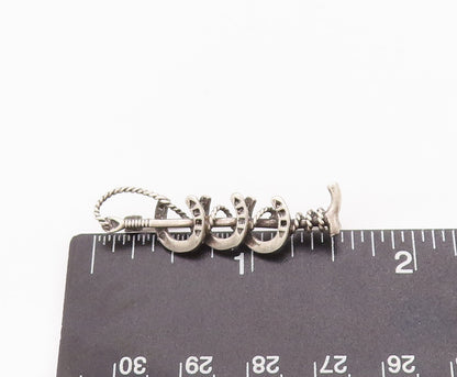925 Sterling Silver Vintage Brooch Pin Solid 3D Carved Horse Shoe & Whip BP10825