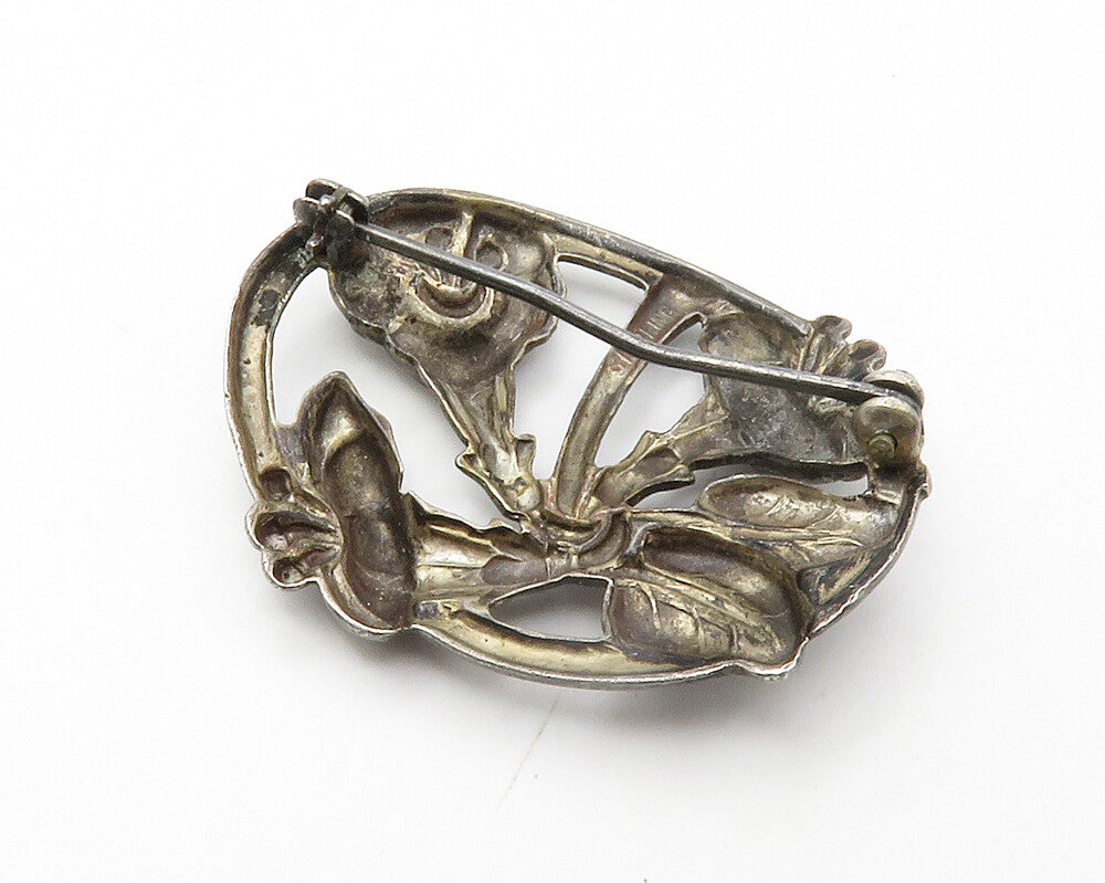 925 Sterling Silver  Vintage Oxidized Floral Motif Oval Brooch Pin  BP5427