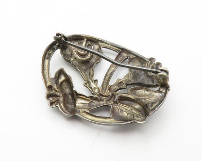 925 Sterling Silver  Vintage Oxidized Floral Motif Oval Brooch Pin  BP5427