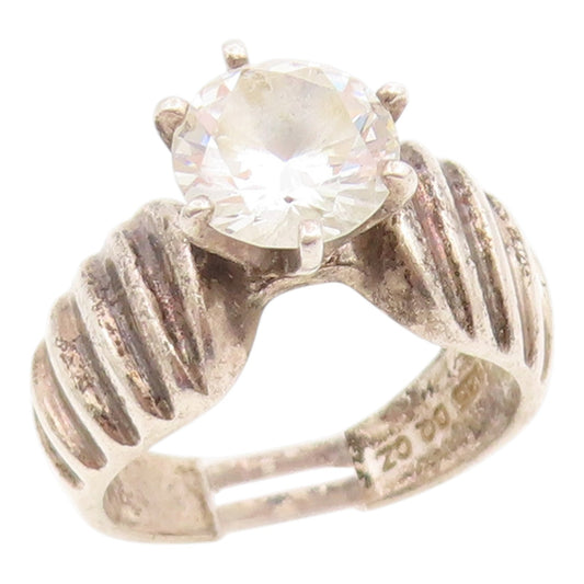 925 Sterling Silver Vintage Ring Classic White Topaz Ribbed Band  Sz 6  RG35725