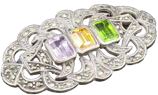 925 Silver  Vintage Amethyst Citrine Peridot & Marcasite Brooch Pin  BP9584