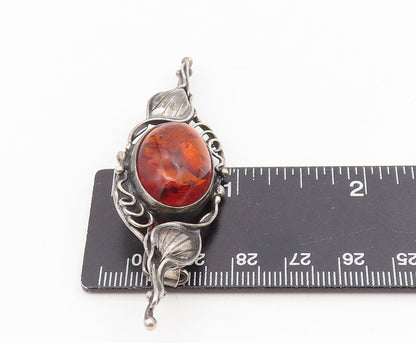 925 Sterling Silver Vintage Brooch Pin Cabochon Honey Amber Floral Leaf  BP12211