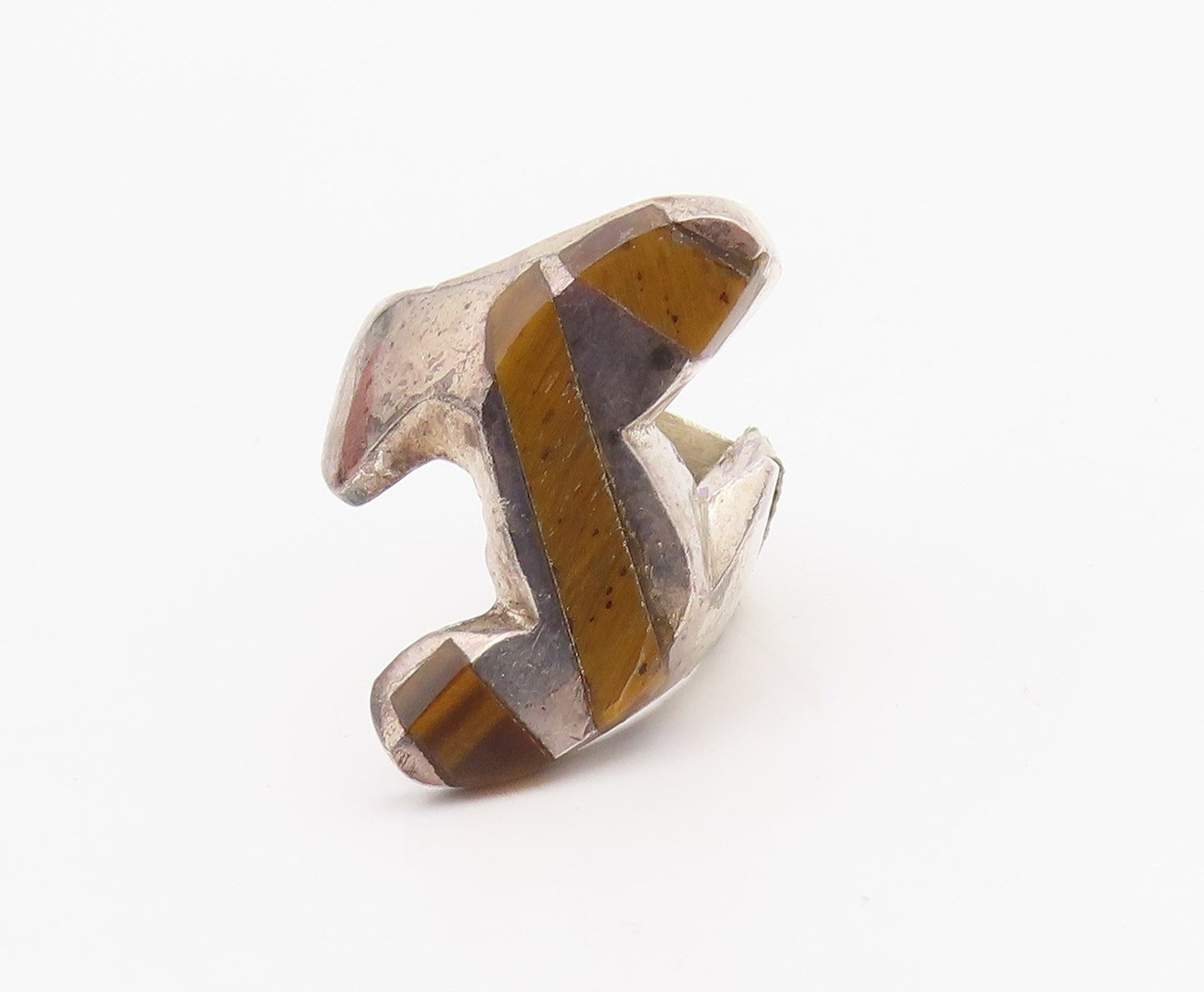 925 Sterling Silver Vintage Ring Solid Cutout Tiger's Eye Inlay  Sz 9  RG33280