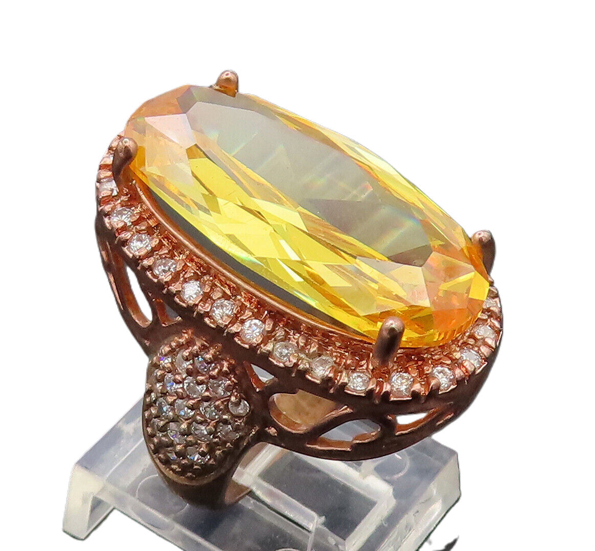 925 Silver  Vintage Rose Gold Oval Citrine Halo CZ Carved Ring Sz 5.75 RG26883