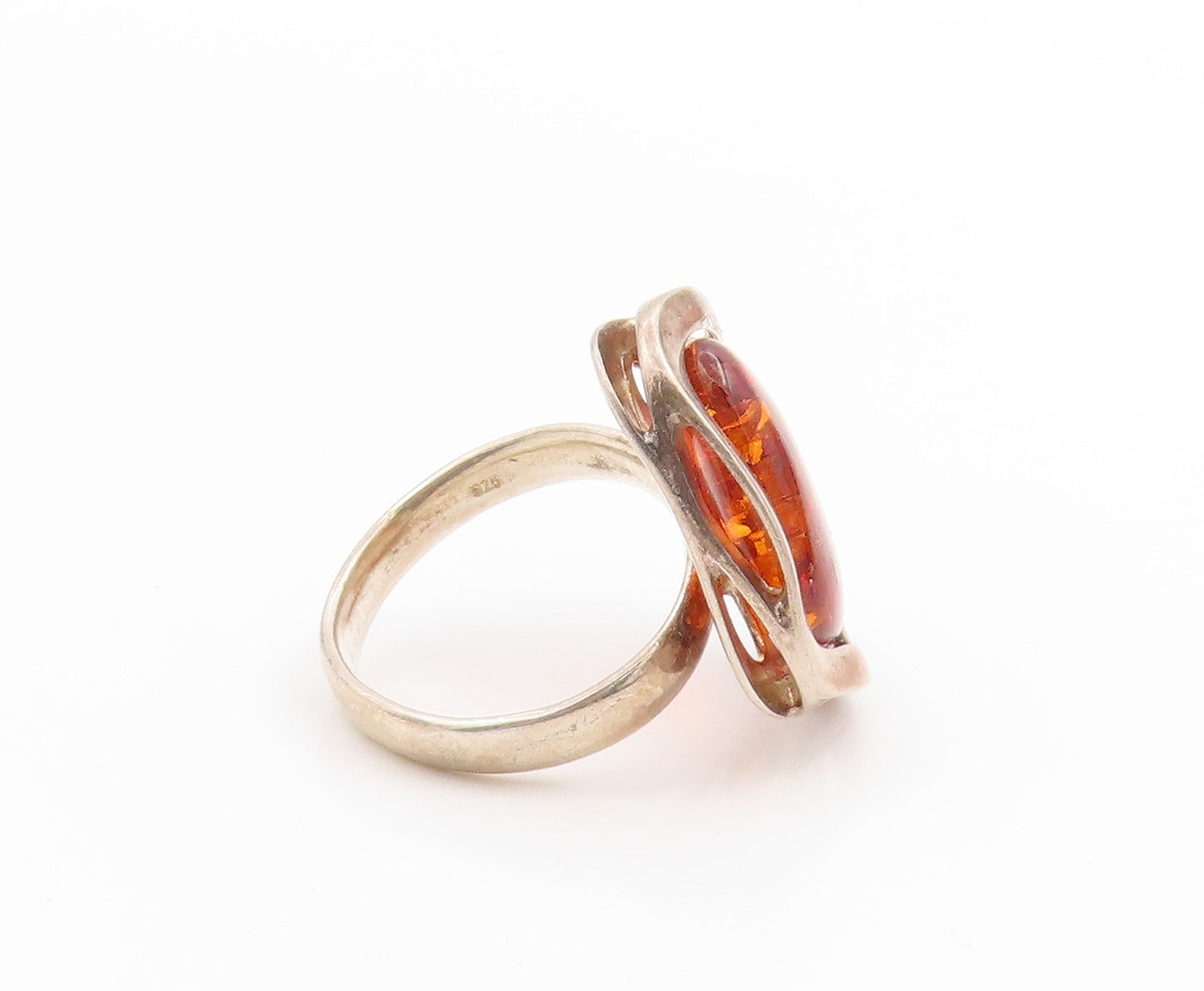 925 Sterling Silver Vintage Ring Large Cabochon Honey Amber Band  Sz 10  RG34000