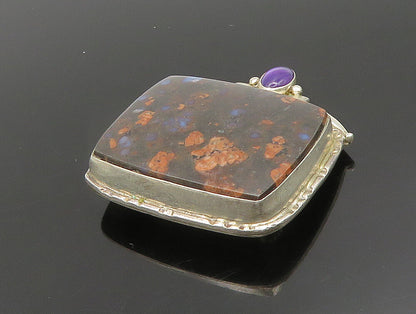 925 Sterling Silver  Vintage Jasper & Amethyst Square Brooch Pin  BP9491