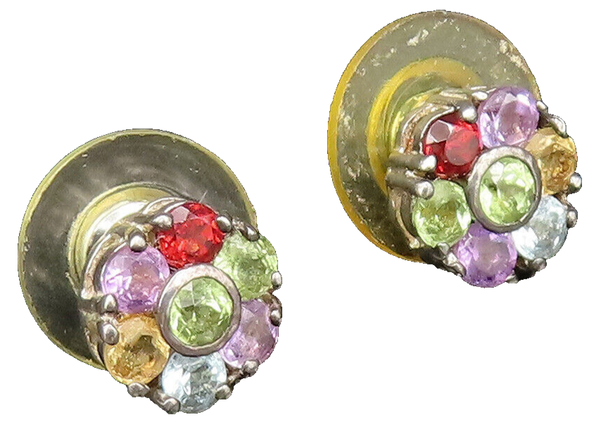 925 Silver  Vintage Peridot & Multi Gemstones Flower Stud Earrings  EG12117