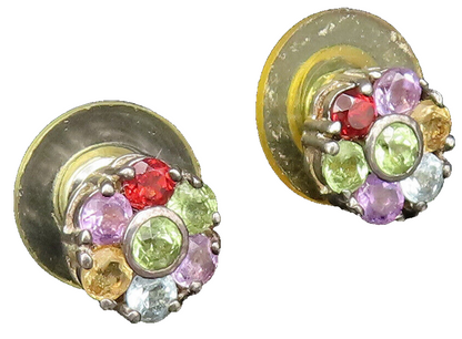 925 Silver  Vintage Peridot & Multi Gemstones Flower Stud Earrings  EG12117