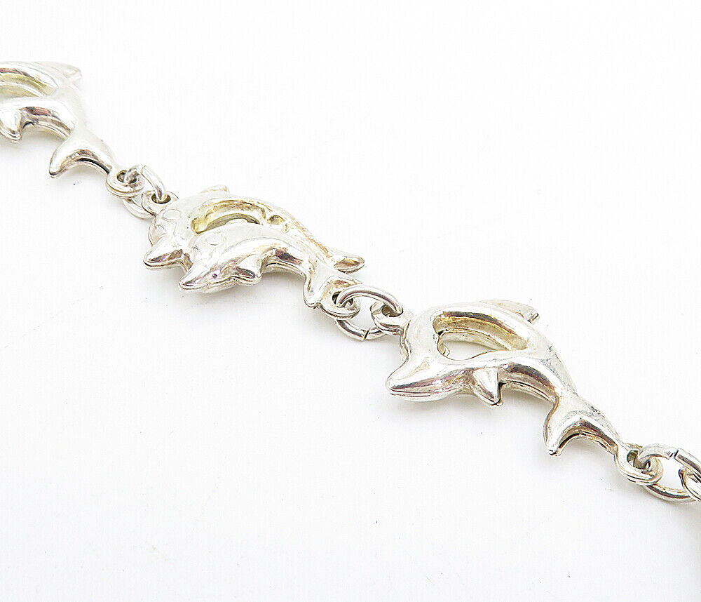 925 Sterling Silver  Vintage Polished Dolphin Love Link Chain Bracelet  BT1922