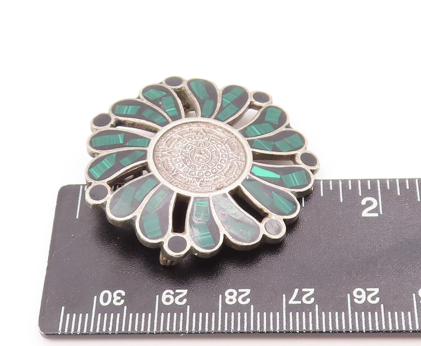 925 Sterling Silver Vintage Brooch Pin MEXICO Malachite Celtic Flower  BP10953